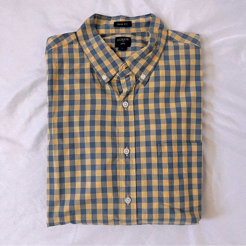 J Crew Factory Mens Button Down Shirt - Slim Large Blue and Yellow Small Gingham